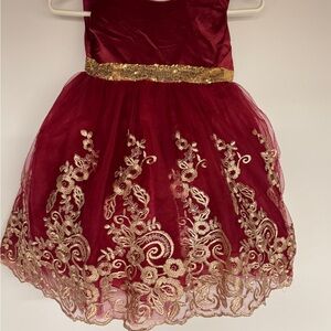 Elegant Kids Dress with Gold Embroidery Red & Gold Sparkle